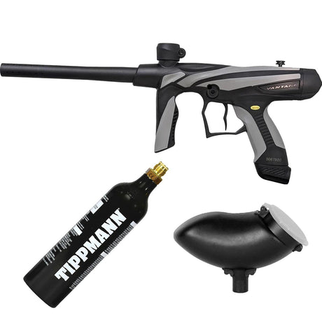Black Grey Tippmann Vantage Paintball Mechanical Beginner Marker with 12 oz CO2 Tippmann branded air tank and 200 round gravity loader hopper on a white background