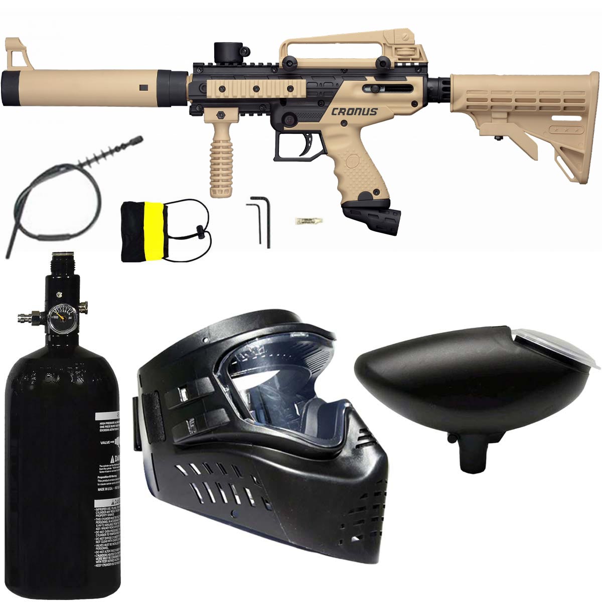 Tippmann Cronus Tactical Beginner Mechanical Paintball Marker Tan Compressed Air Package Kit with 3000psi tank, goggle and loader hopper