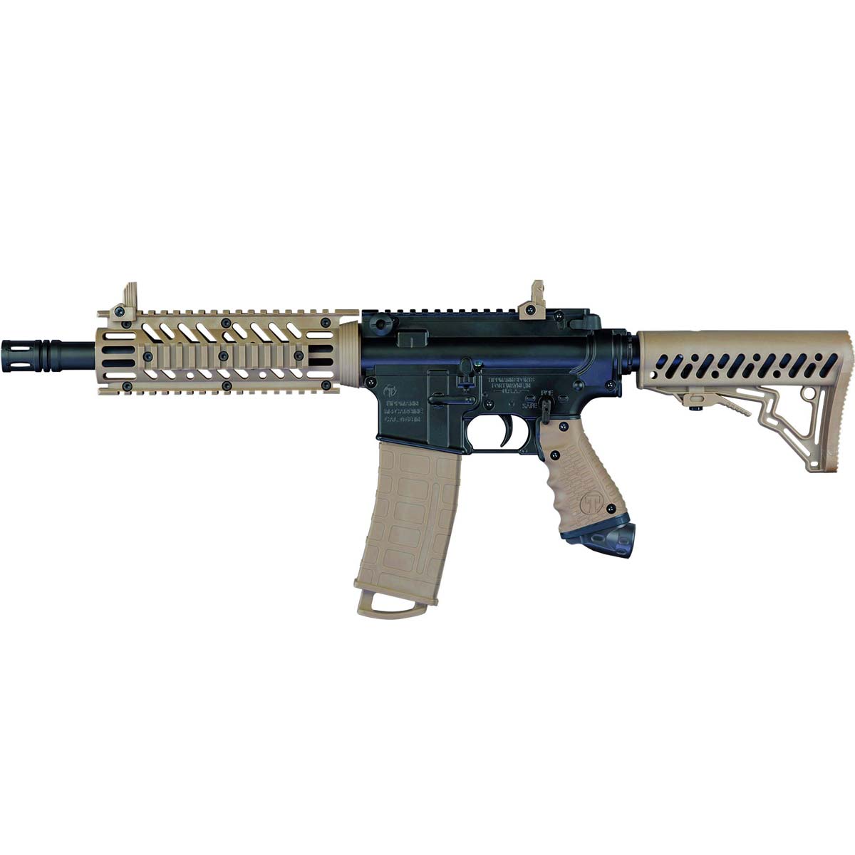 Left side Tippmann TMC Mag Fed Paintball Marker Tan with 20 round magazine
