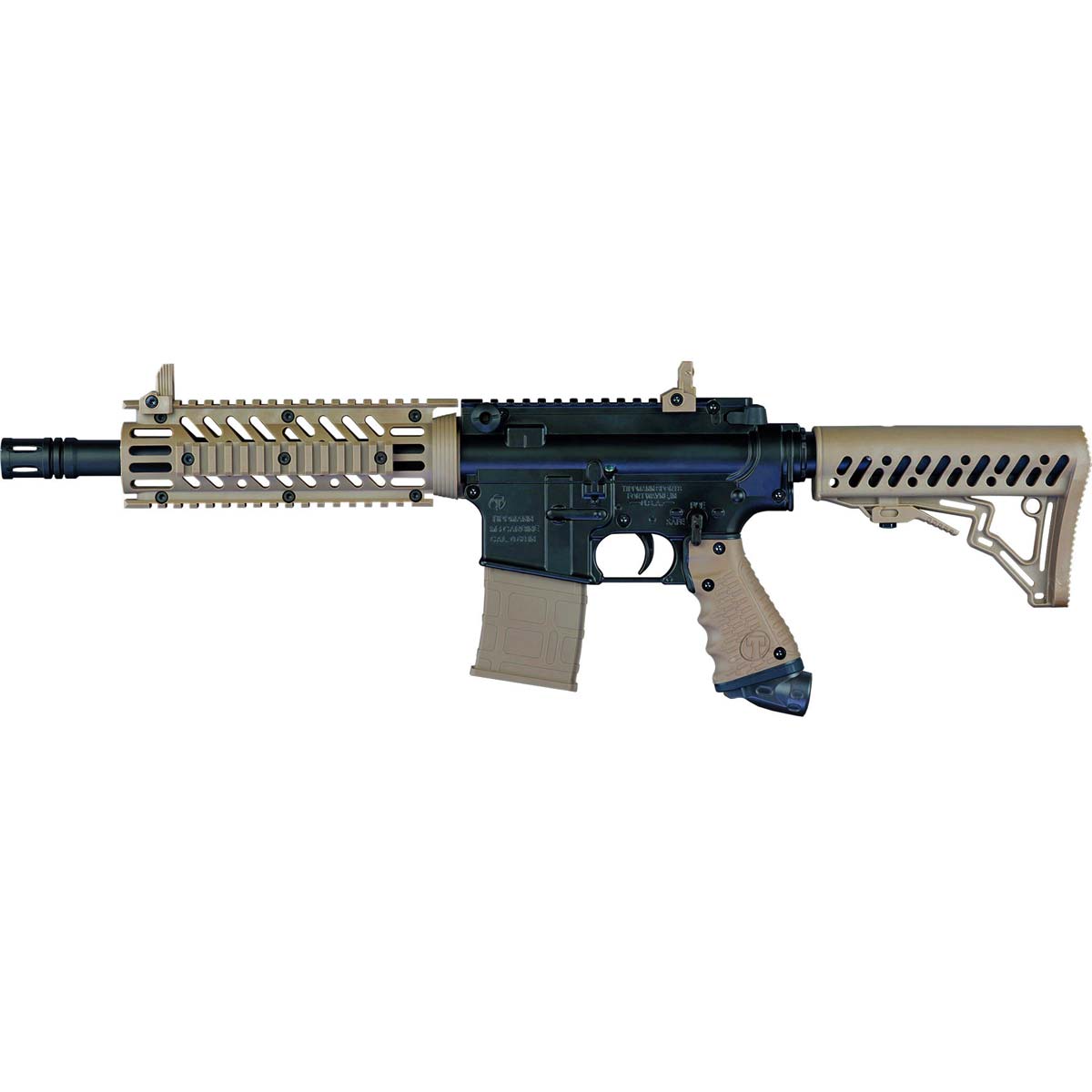 Left side Tippmann TMC Mag Fed Paintball Marker Tan with blanking dummy magazine