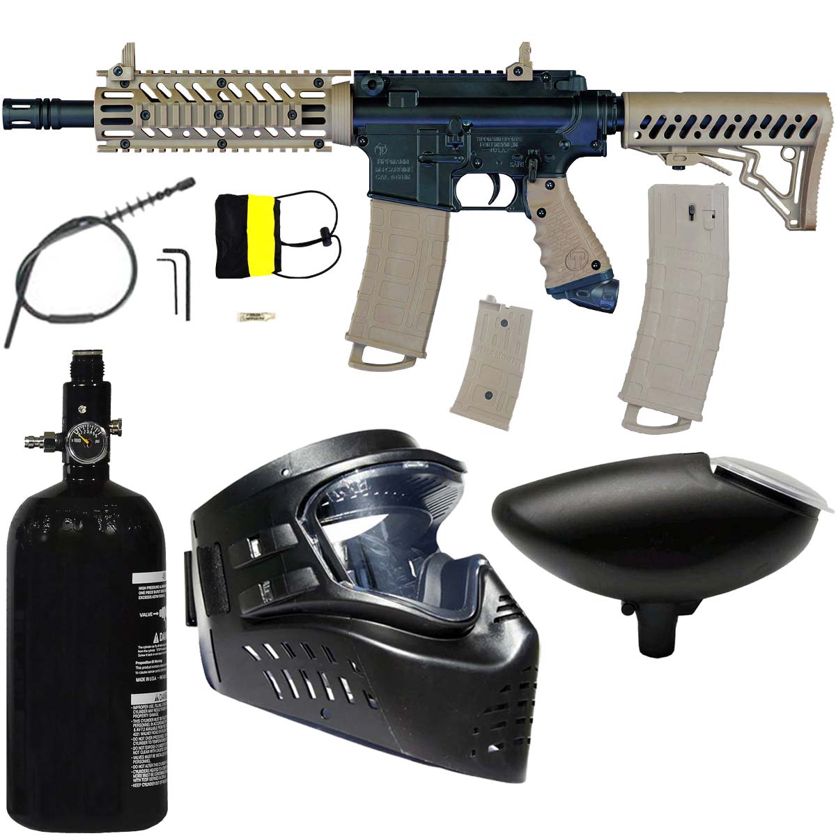 tippmann t15 black tan with mags, tank, goggle and hopper