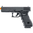 A black Glock G17 Gen 3 GBB gas blowback FBB full blow back Airsoft Pistol with an orange tip, shown in profile against a solid white background.