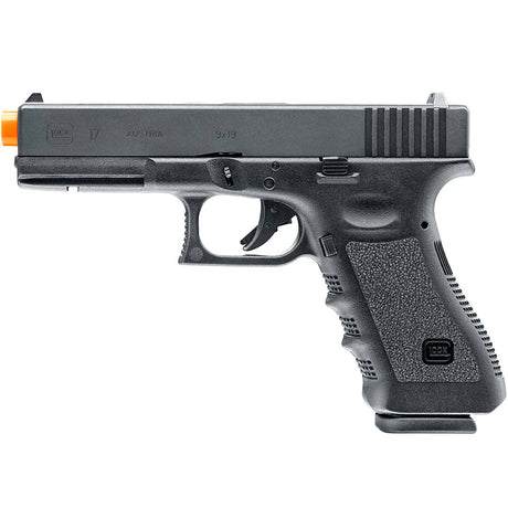 A black Glock G17 Gen 3 GBB gas blowback FBB full blow back Airsoft Pistol with an orange tip, shown in profile against a solid white background.
