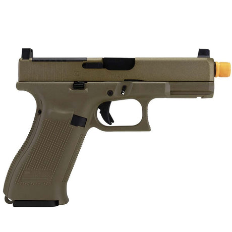 Right side GLOCK G19X MOS GBB FBB Airsoft Pistol Coyote Tan with gas blowback full blow back on a white background.