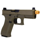 Right side angle GLOCK G19X MOS GBB FBB Airsoft Pistol Coyote Tan with gas blowback full blow back on a white background.