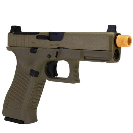 Right side angle GLOCK G19X MOS GBB FBB Airsoft Pistol Coyote Tan with gas blowback full blow back on a white background.