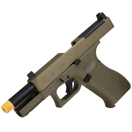 Left side and top GLOCK G19X MOS GBB FBB Airsoft Pistol Coyote Tan with gas blowback full blow back on a white background.