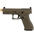 Left side GLOCK G19X MOS GBB FBB Airsoft Pistol Coyote Tan with gas blowback full blow back on a white background.
