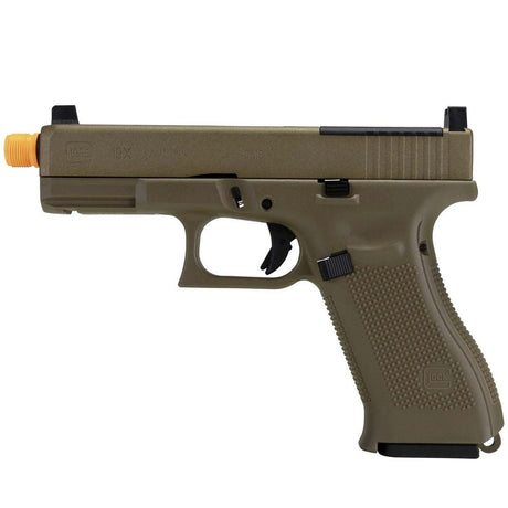 Left side GLOCK G19X MOS GBB FBB Airsoft Pistol Coyote Tan with gas blowback full blow back on a white background.