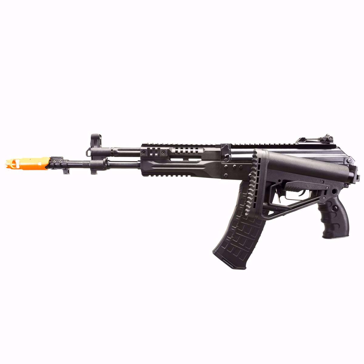 Black E&L AK12 Platinum AEG Airsoft Rifle with orange tip and folding stock on a white background
