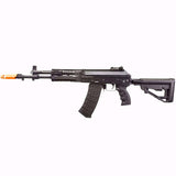 Left side Black E&L AK12 Platinum AEG Airsoft Rifle with orange tip on a white background