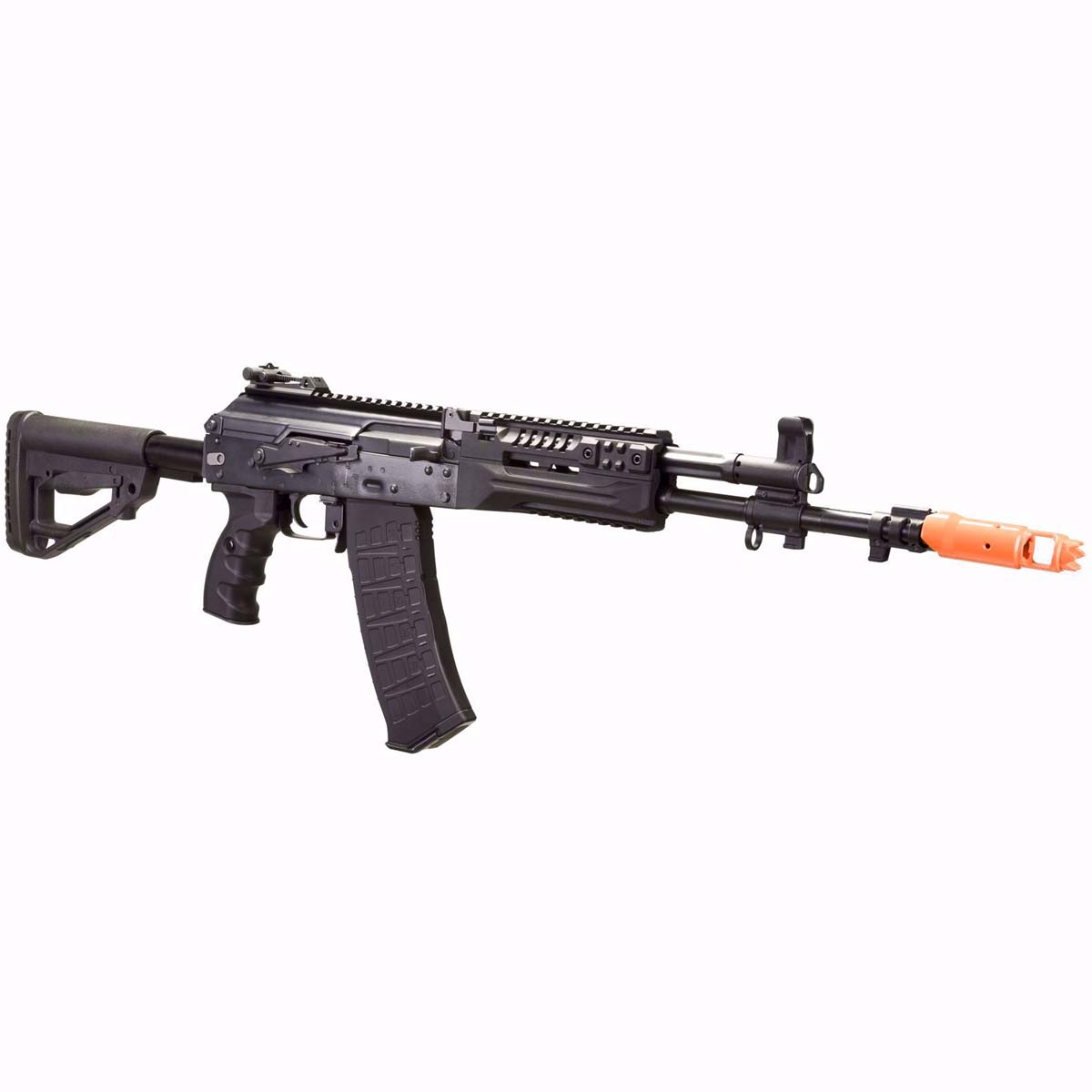 Front right angle Black E&L AK12 Platinum AEG Airsoft Rifle with orange tip on a white background