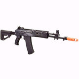 Front right angle Black E&L AK12 Platinum AEG Airsoft Rifle with orange tip on a white background