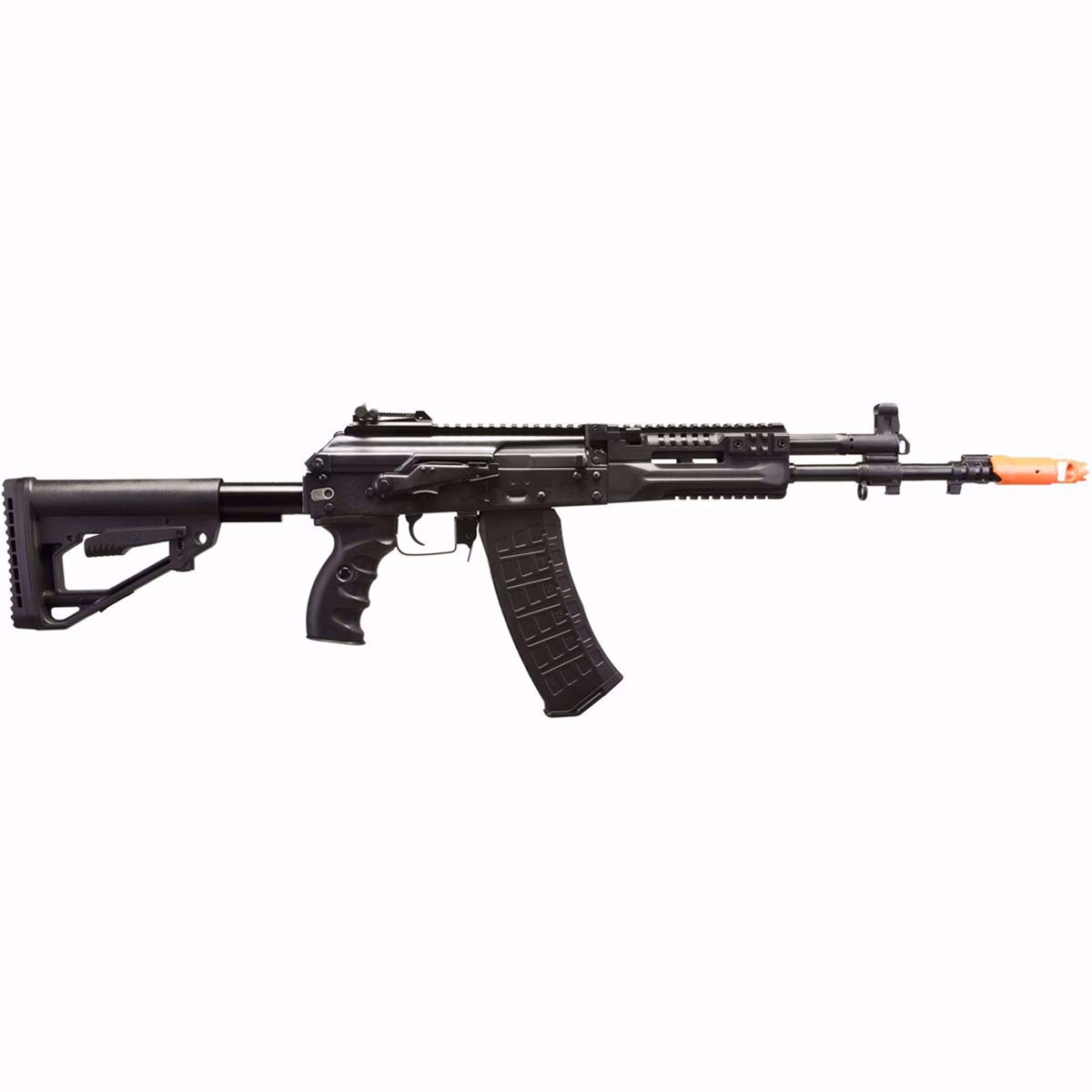 Black E&L AK12 Platinum AEG Airsoft Rifle with orange tip on a white background