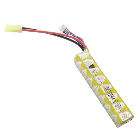Top side of Elite Force 11.1V Lipo 900 MAH 15C Stick Battery with Tamiya Connector for airsoft on a white background.