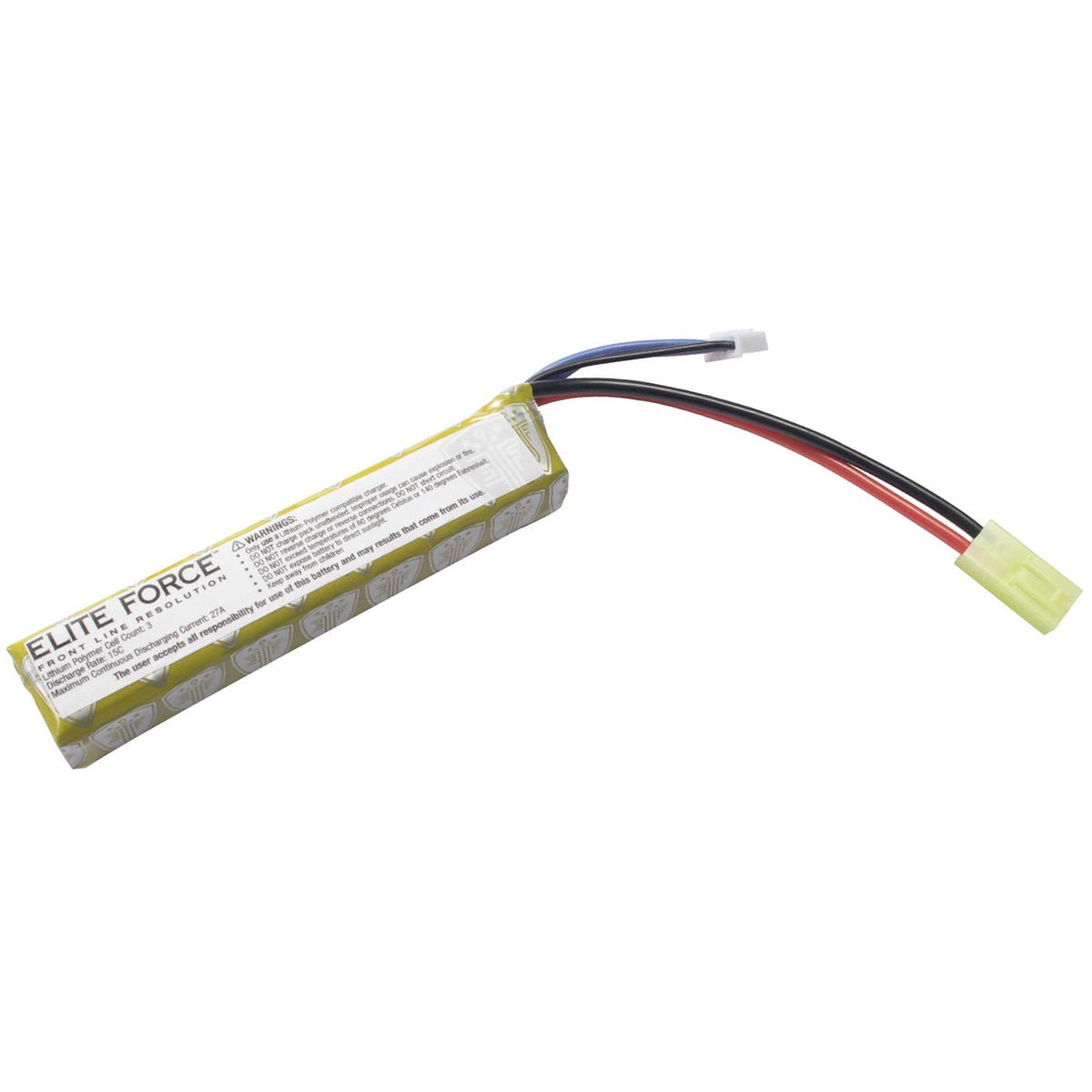 Underside of Elite Force 11.1V Lipo 900 MAH 15C Stick Battery with Tamiya Connector for airsoft on a white background.