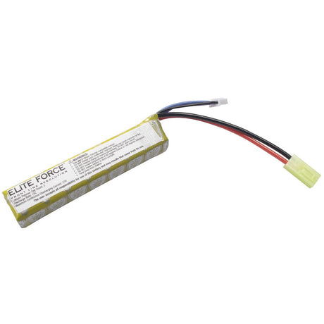 Underside of Elite Force 11.1V Lipo 900 MAH 15C Stick Battery with Tamiya Connector for airsoft on a white background.