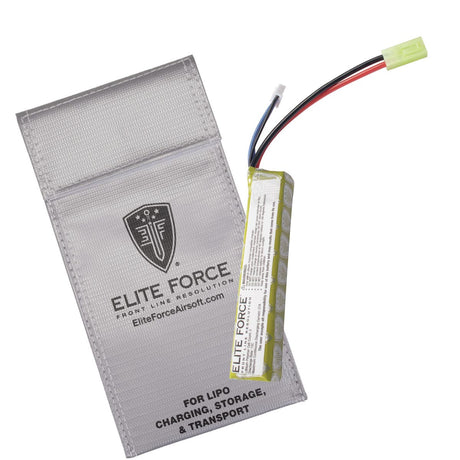 Elite Force 11.1V Lipo 900 MAH 15C Stick Battery with Tamiya Connector for airsoft with bag on a white background.