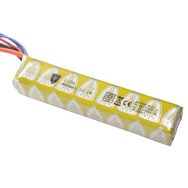 close up of Elite Force 11.1V Lipo 900 MAH 15C Stick Battery on a white background