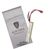 Elite Force 11.1V Lipo 900 MAH 15C Stick Battery with Deans Wired Female Connector with silver fire safety bag on a white background
