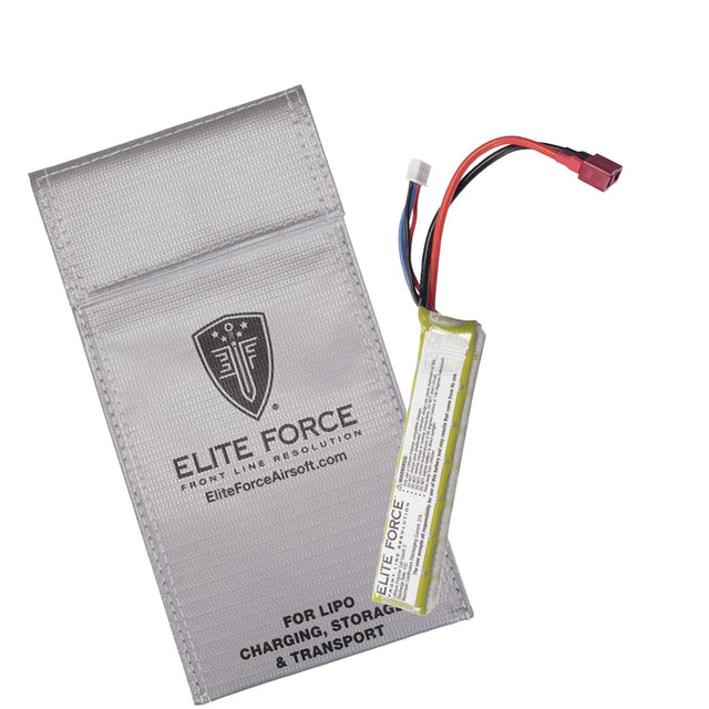 Elite Force 11.1V Lipo 900 MAH 15C Stick Battery with Deans Wired Female Connector with silver fire safety bag on a white background