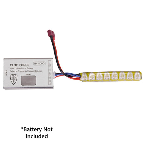 Elite Force 2-4S Li-POLY/LI-ION Battery Balance Charger and Voltage Detector with a plugged in battery