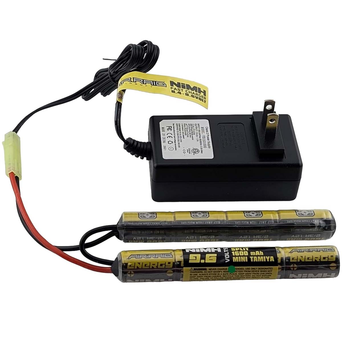 Air Raid 9.6V NiMH 1600mAh Battery and Charger Power Kit for airsoft battery and wall charger connected to one another on a white background.