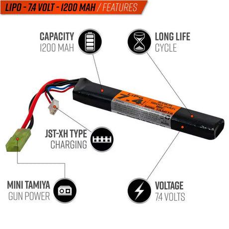 Valken Energy LiPo 7.4V 1200mAh 15C Stick with details on a white background