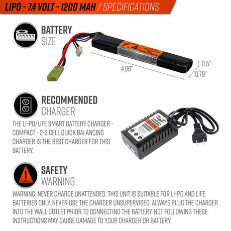 Valken Energy LiPo 7.4V 1200mAh 15C Stick with charger example on a white background