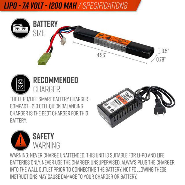 Valken Energy LiPo 7.4V 1200mAh 15C Stick with charger example on a white background