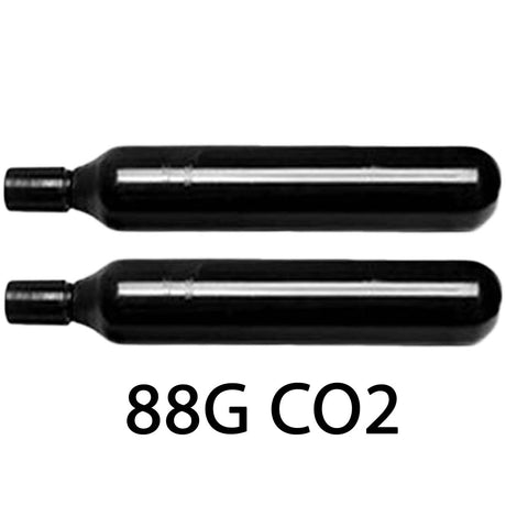 Two black 88 gram Byrna CO2 tanks on a white background