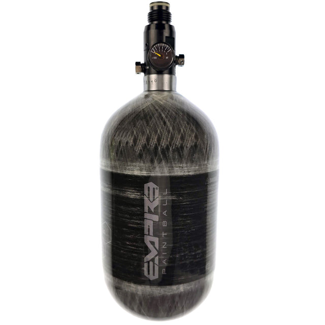 Empire Mega Lite Carbon Fiber Air Tank 68ci 4500psi black and grey paintball air tank against a white background