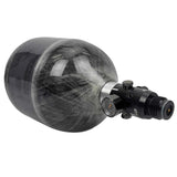 Empire Mega Lite Carbon Fiber 48ci 4500psi Air Tank for paintball and airsoft top view with pin valve on a white background.