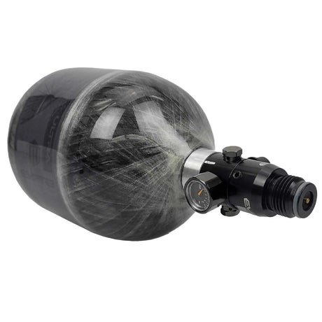 Empire Mega Lite Carbon Fiber 48ci 4500psi Air Tank for paintball and airsoft top view with pin valve on a white background.