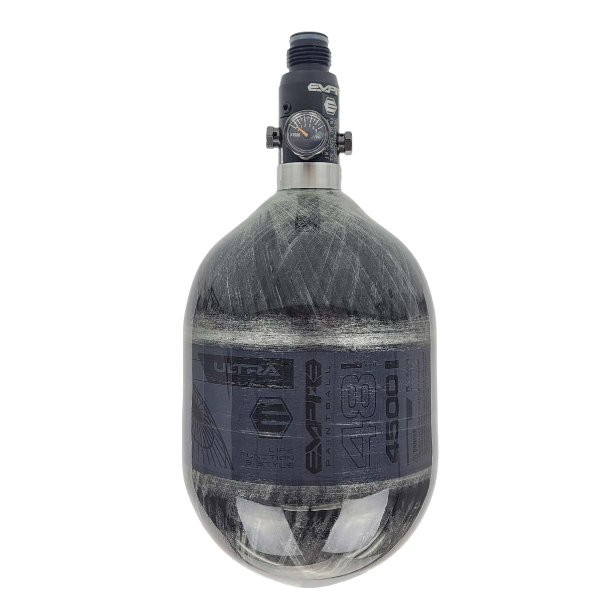 Empire Mega Lite Carbon Fiber 48ci 4500psi Air Tank for paintball and airsoft front view with gauge on a white background.