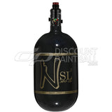 Ninja SL3 68ci 4500psi Air Tank with PRO V3 Regulator Black paintball tank with gold logo on a white background