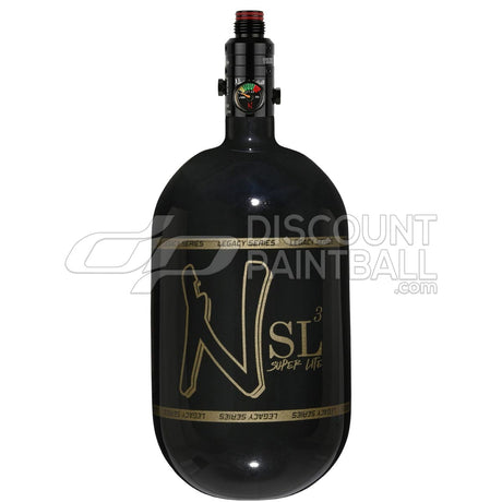 Ninja SL3 68ci 4500psi Air Tank with PRO V3 Regulator Black paintball tank with gold logo on a white background