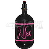Ninja SL3 68ci 4500psi Air Tank with PRO V3 Regulator Black paintball tank with pink logo on a white background