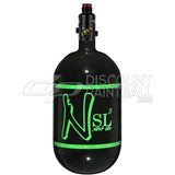 Ninja SL3 68ci 4500psi Air Tank with PRO V3 Regulator Black gloss paintball tank with green logo on a white background