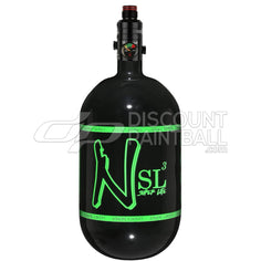 Ninja SL3 68ci 4500psi Air Tank with PRO V3 Regulator Black gloss paintball tank with green logo on a white background