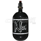 Ninja SL3 68ci 4500psi Air Tank with PRO V3 Regulator Black gloss paintball tank with white logo on a white background
