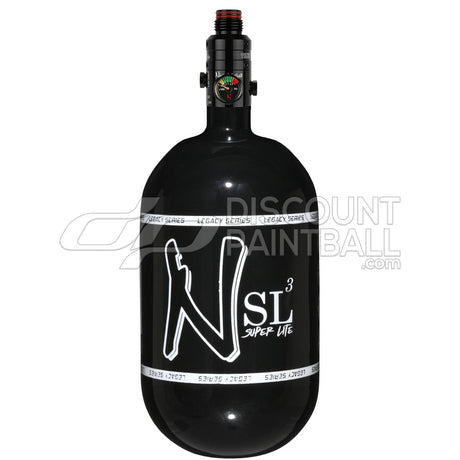 Ninja SL3 68ci 4500psi Air Tank with PRO V3 Regulator Black gloss paintball tank with white logo on a white background