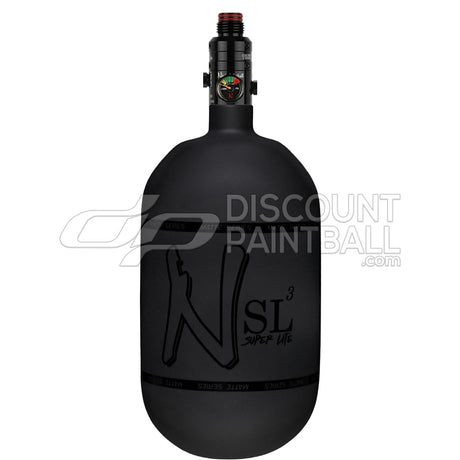 Blackout matte Ninja SL3 68ci 4500psi Air Tank with PRO V3 Regulator Black paintball tank with white logo on a white background