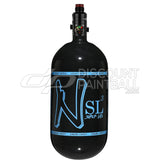 Black gloss super light paintball tank Ninja SL3 80ci 4500psi Carbon Fiber Tank with Pro V3 Regulator with blue logo on a white background