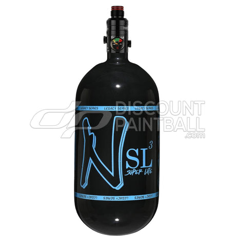 Black gloss super light paintball tank Ninja SL3 80ci 4500psi Carbon Fiber Tank with Pro V3 Regulator with blue logo on a white background