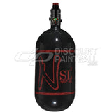 Black gloss super light paintball tank Ninja SL3 80ci 4500psi Carbon Fiber Tank with Pro V3 Regulator with red logo on a white background