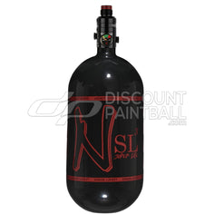 Black gloss super light paintball tank Ninja SL3 80ci 4500psi Carbon Fiber Tank with Pro V3 Regulator with red logo on a white background