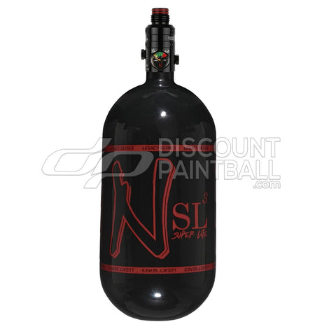 Black gloss super light paintball tank Ninja SL3 80ci 4500psi Carbon Fiber Tank with Pro V3 Regulator with red logo on a white background
