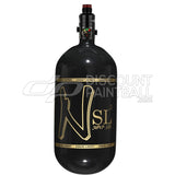 Black gloss super light paintball tank Ninja SL3 80ci 4500psi Carbon Fiber Tank with Pro V3 Regulator with gold logo on a white background