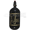 Black gloss super light paintball tank Ninja SL3 80ci 4500psi Carbon Fiber Tank with Pro V3 Regulator with gold logo on a white background